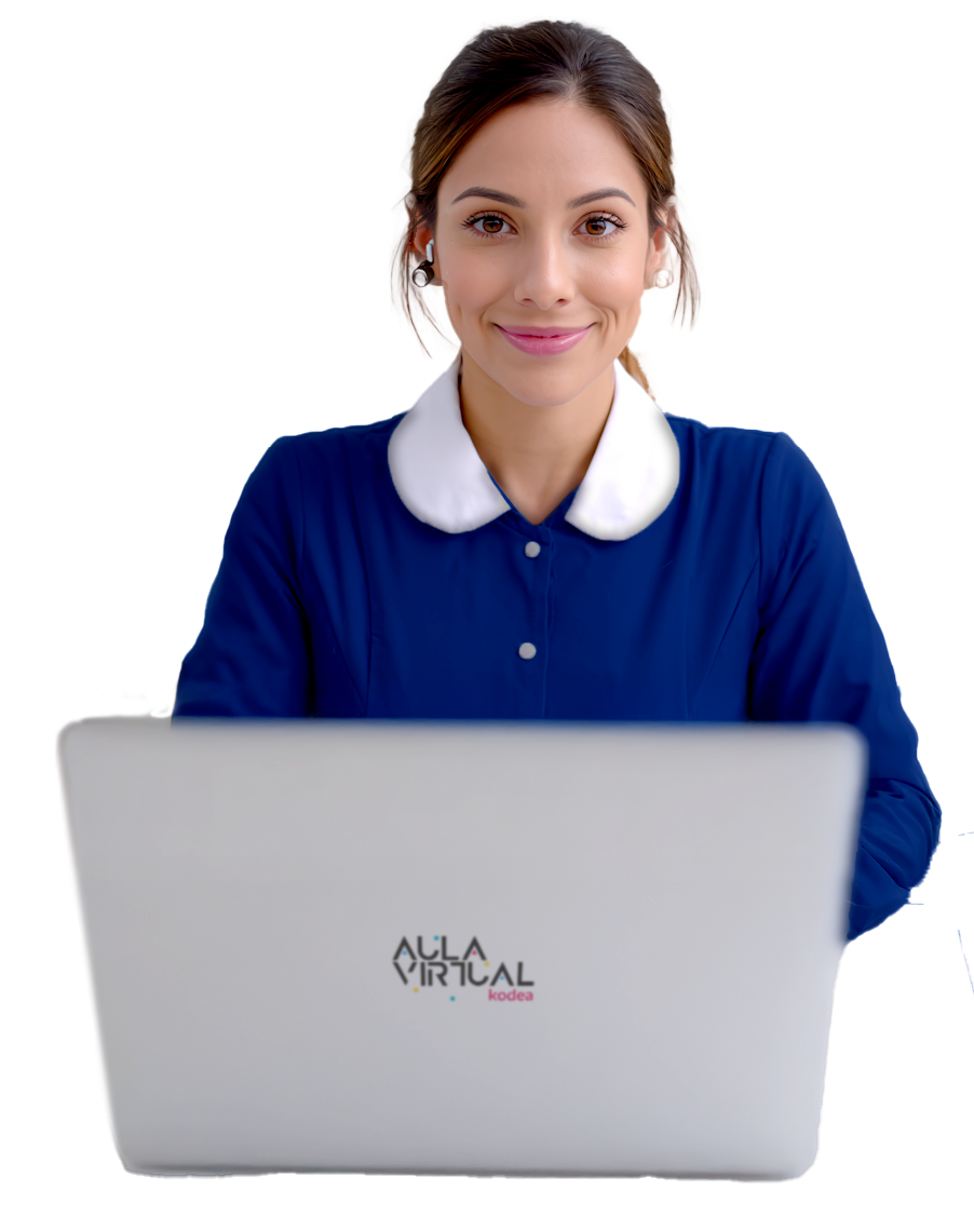 Profesora haciendo un curso en su computador.